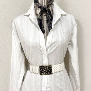 Vintage 70s White Stretch Belt w/ Gold & Black Sculptural Buckle Statement
